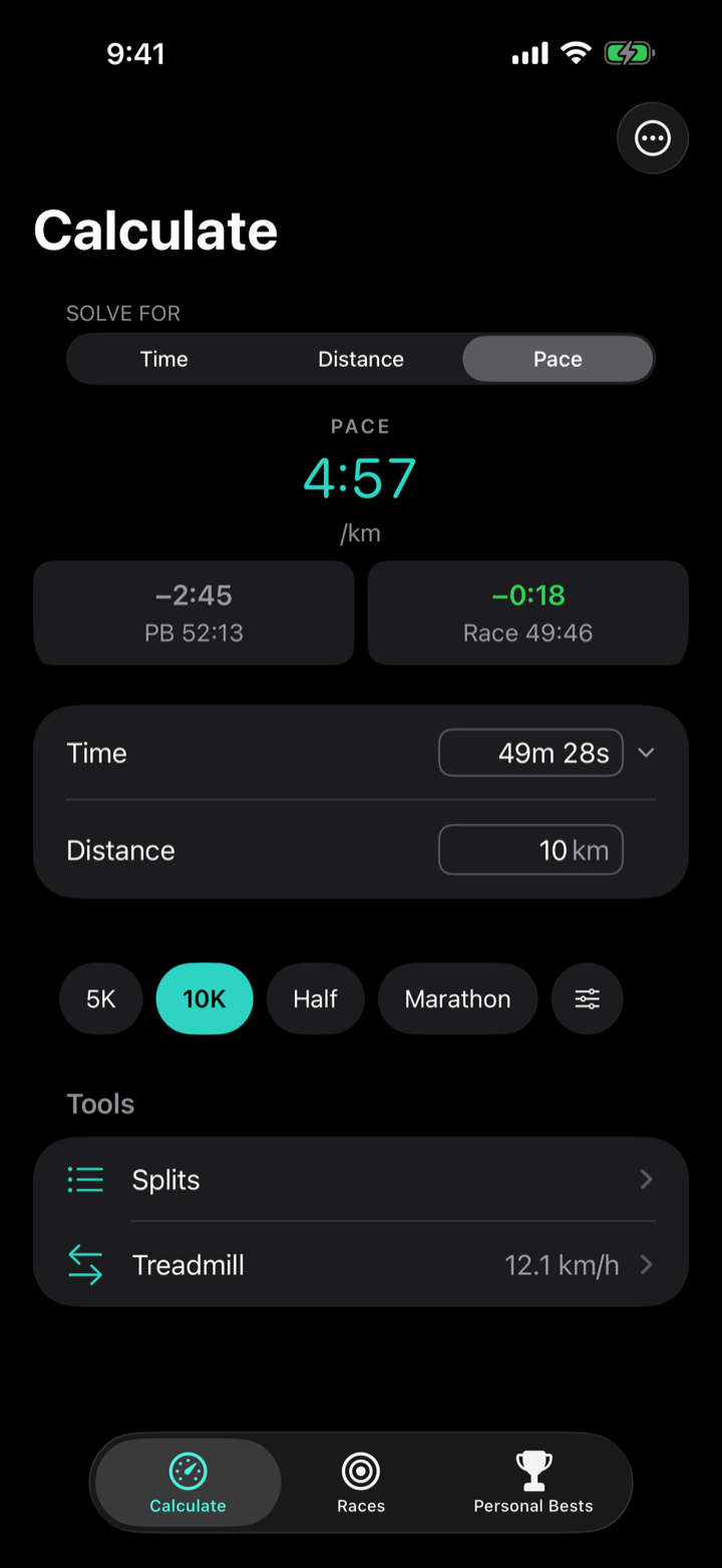 The Calculate screen solving for pace, with personal-best and race comparison cards.