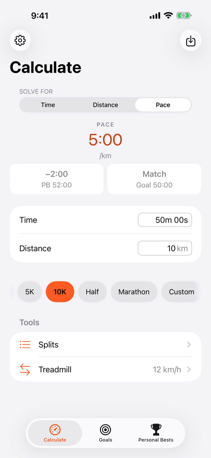 The Calculate screen solving for pace, with personal-best and goal comparison cards.