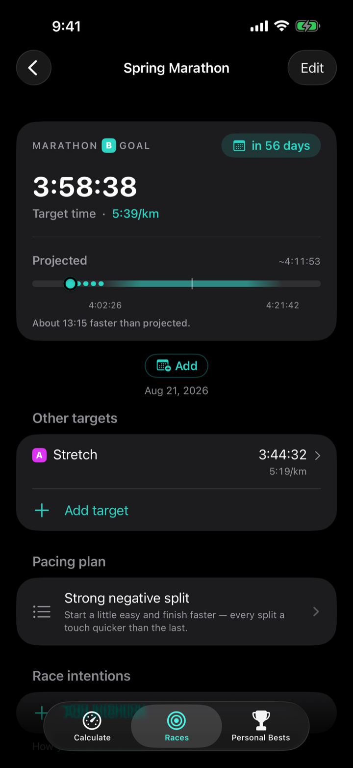 A race in PaceWise: target time, required pace, projected-finish readiness and pacing plan.